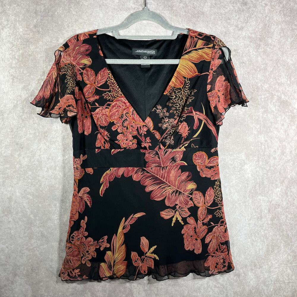 Jonathan Martin Studio Blouse Womens Large Black Floral Silk Babydoll Fairy Y2K